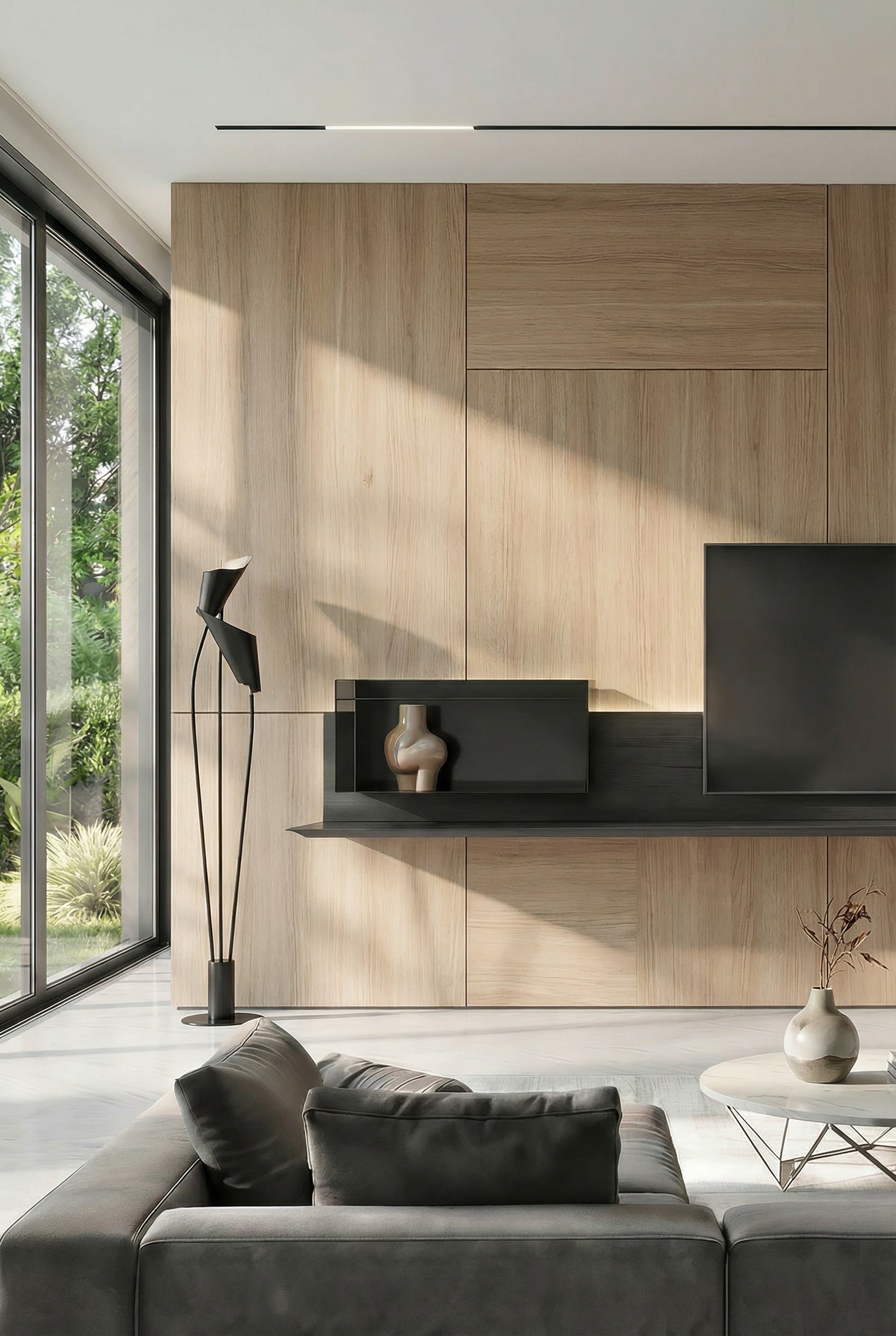 Asymmetrisches TV Wandboard mit versetzten Regalebenen Asymmetrisches TV Wandboard mit versetzten Regalebenen