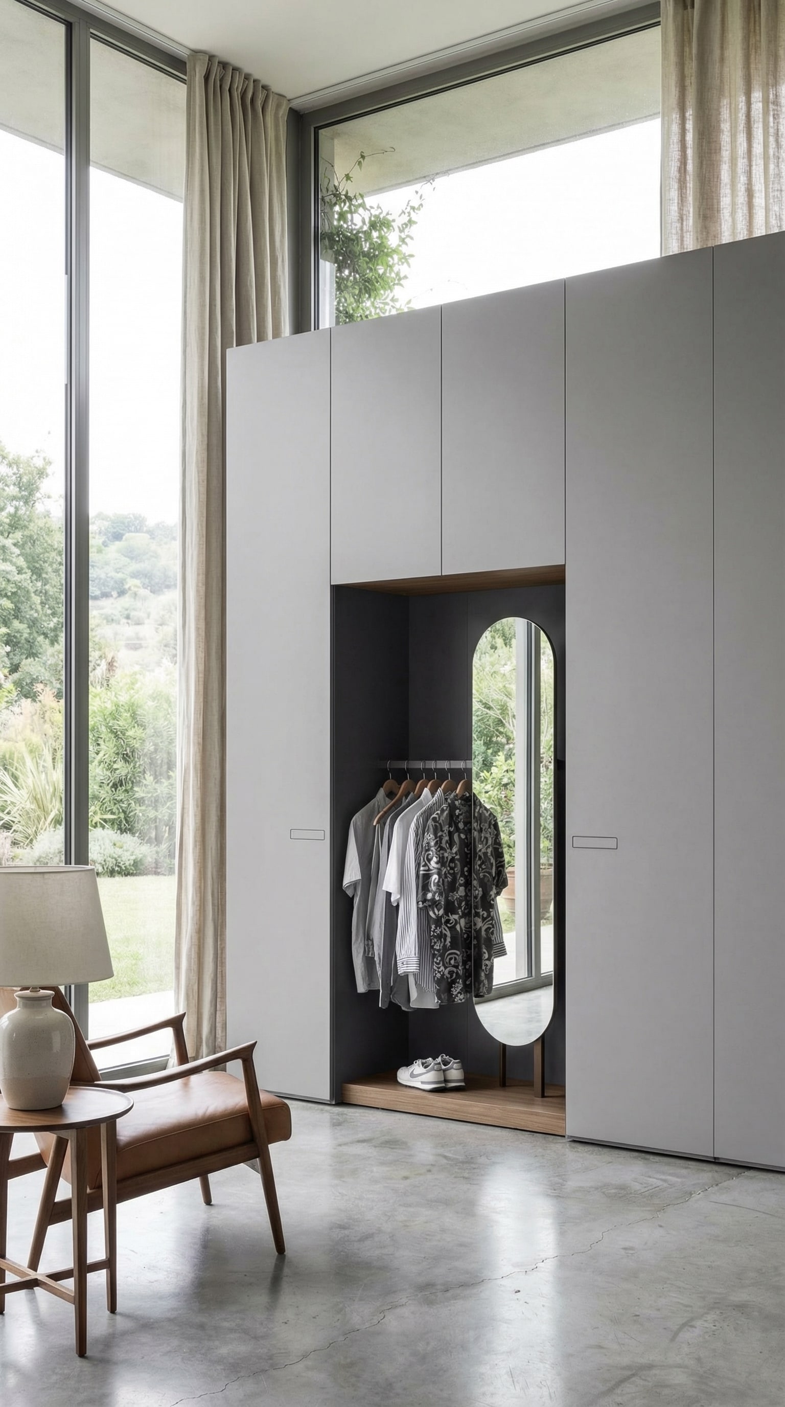 Ein moderner Kleiderschrank mit einer integrierten, offenen Garderobennische in der Mitte.