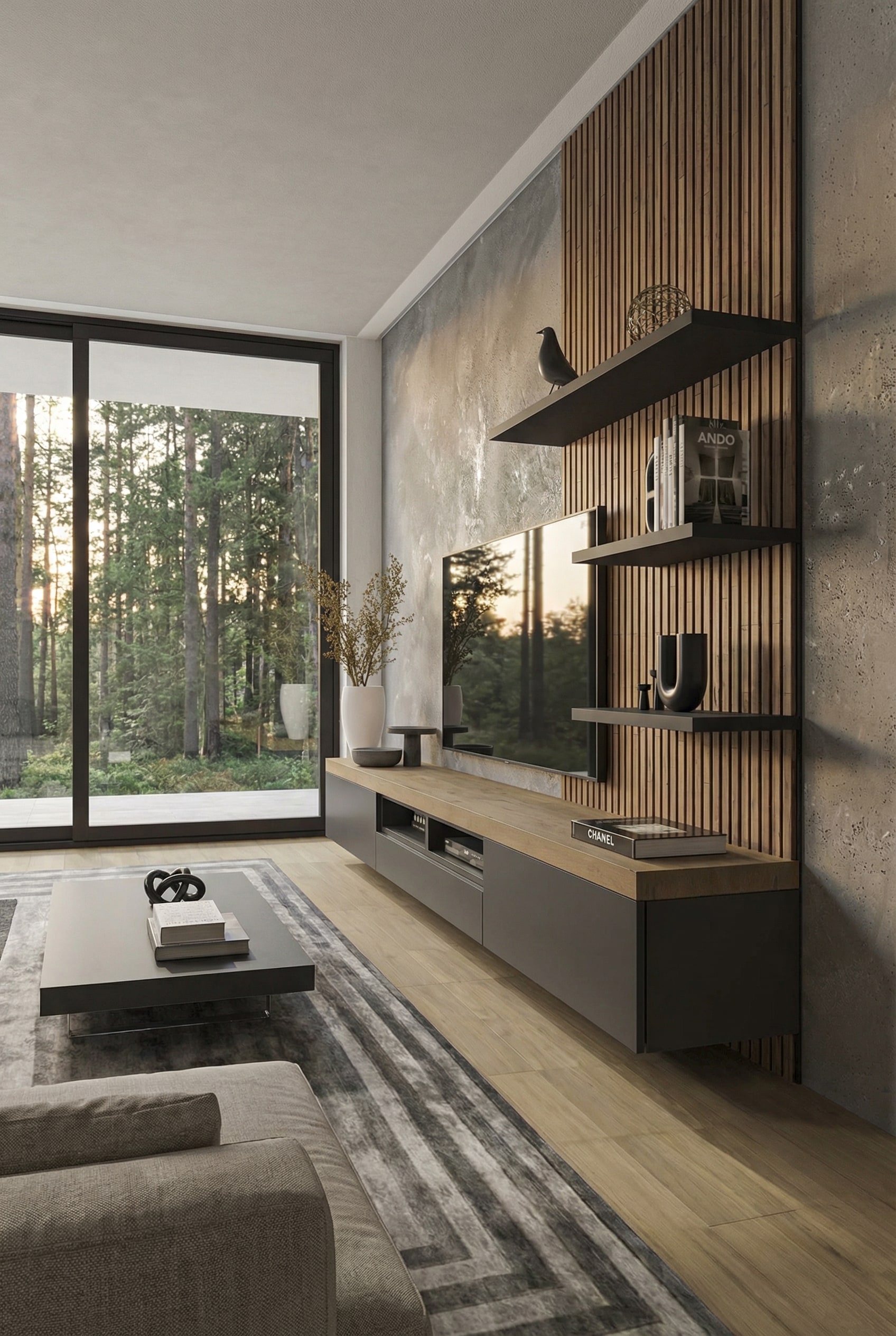 Langgezogenes Lowboard in einem modernen Wohnzimmer Langgezogenes Lowboard in einem modernen Wohnzimmer