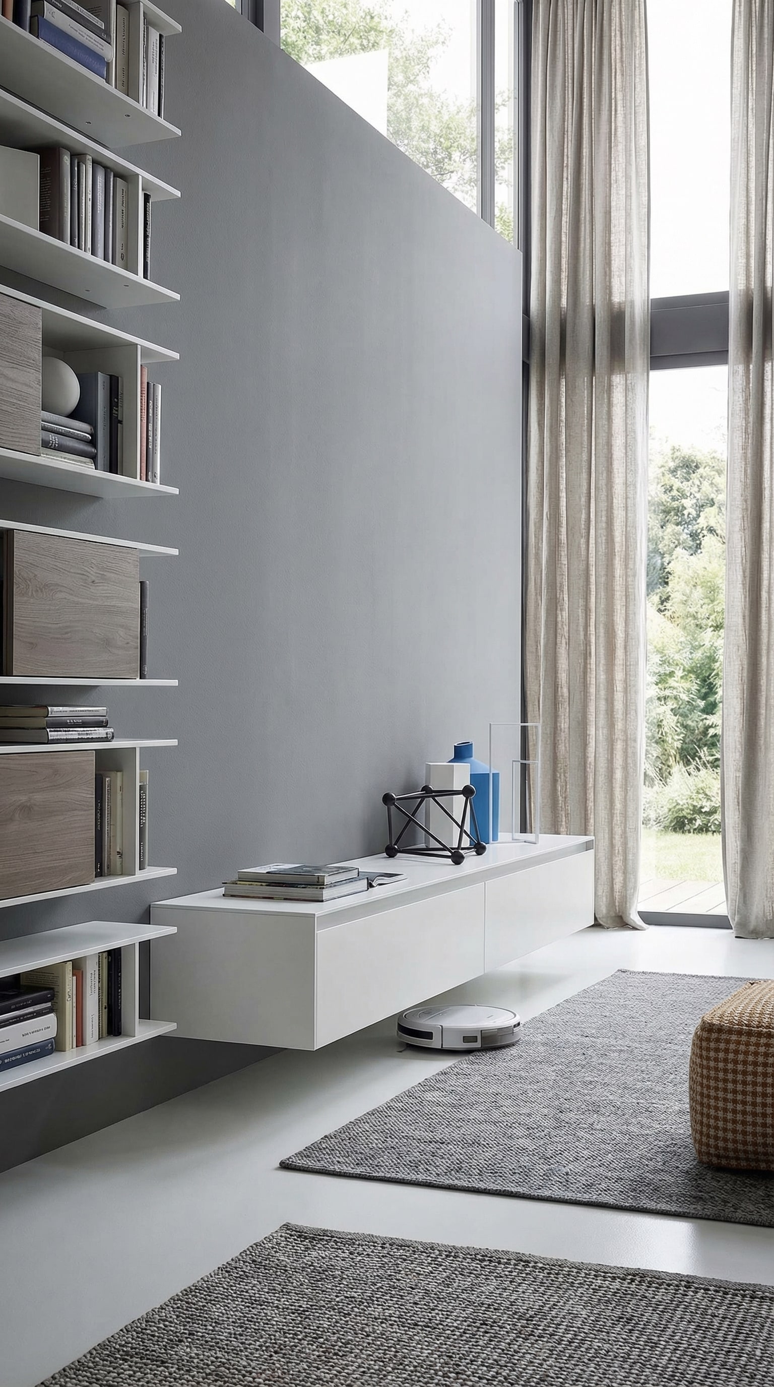 Modulares, asymmetrisches Lowboard an einer grauen Wand