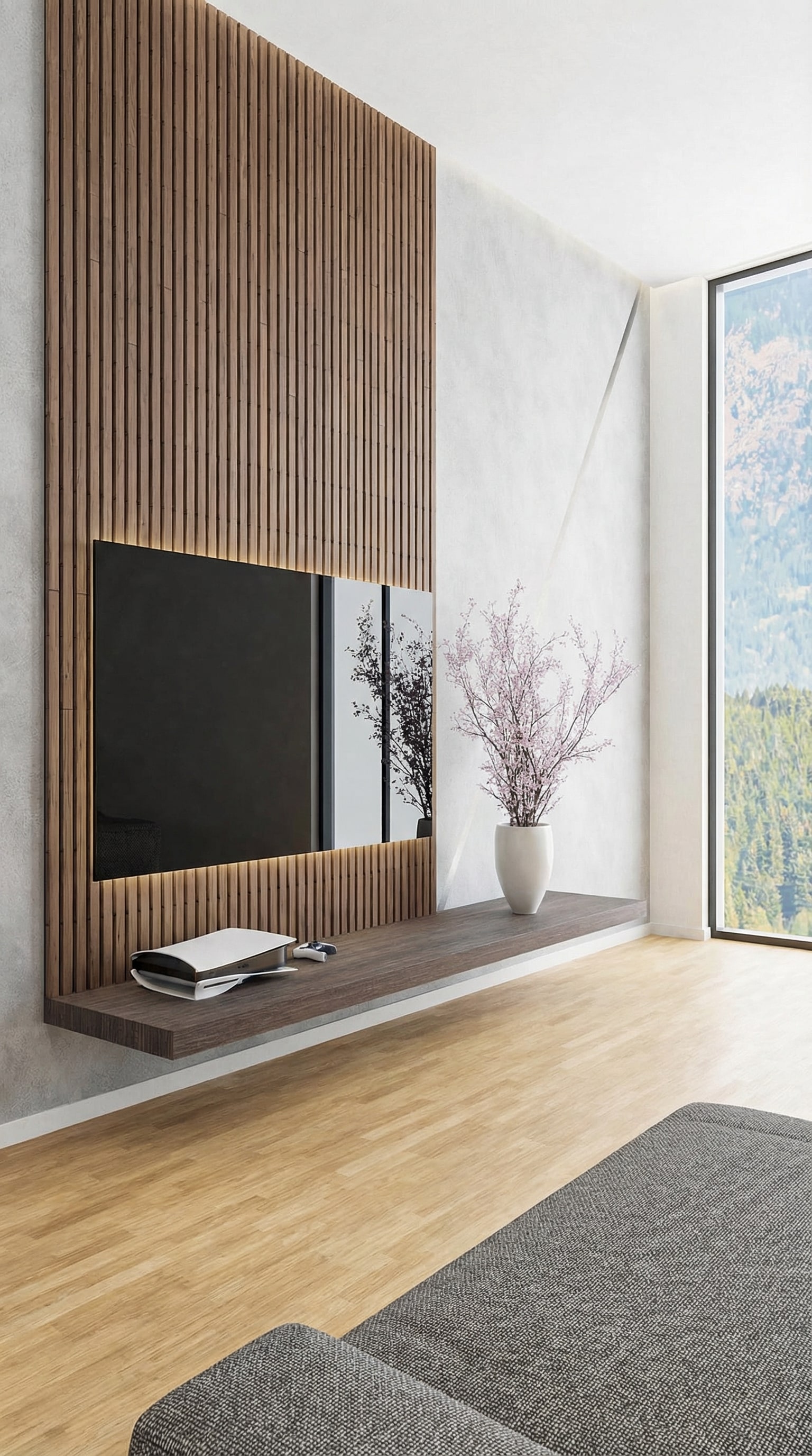 Minimalistisches Wandboard unter einem Fernseher ohne sichtbare Kabel Minimalistisches Wandboard unter einem Fernseher ohne sichtbare Kabel