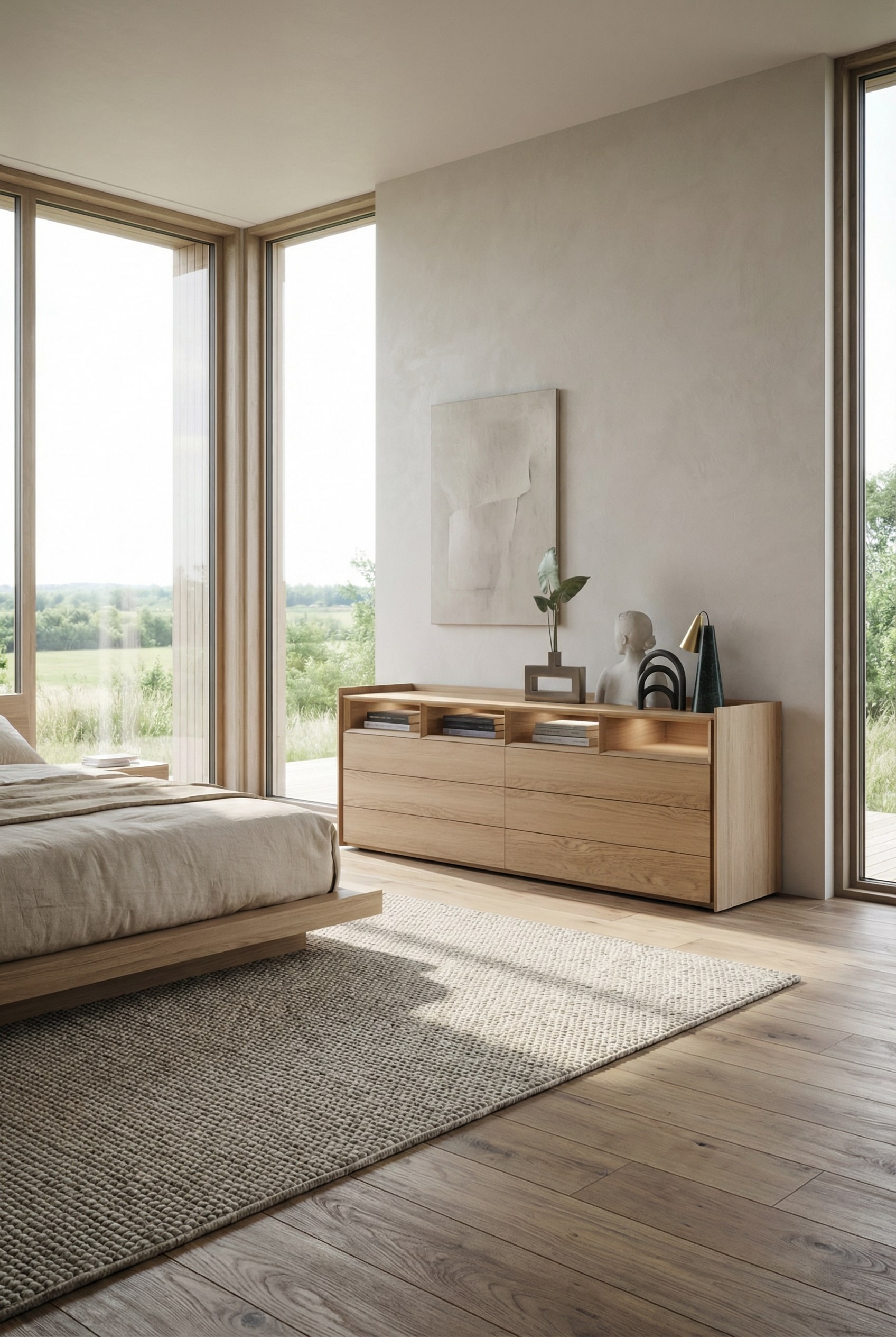 Grifflose Novamobili Kommode Sly in einem ruhigen, aufger&auml;umten Schlafzimmer.