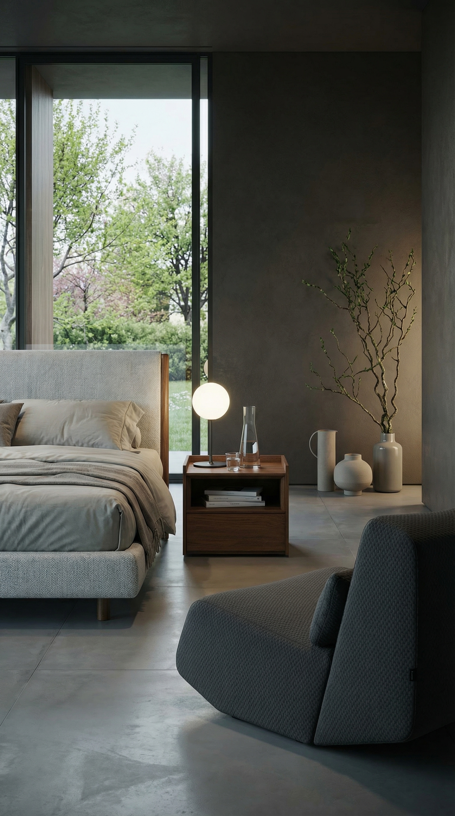 Novamobili Sly Nachttisch in dunklem Holz vor matter Wand in einem Quiet Luxury Schlafzimmer