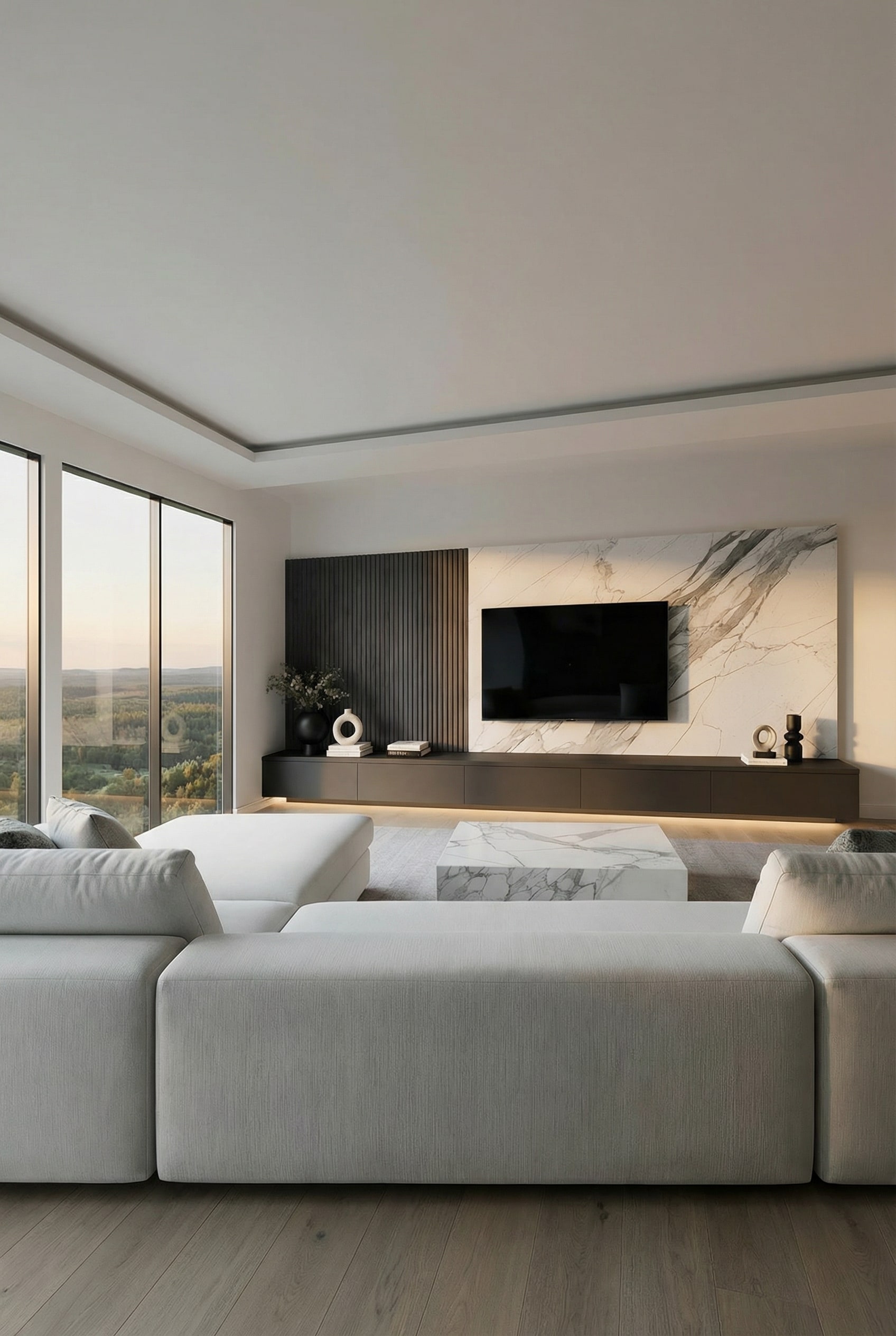 Minimalistische Wohnzimmer Wohnwand nach Ma&szlig; mit symmetrischer Linienf&uuml;hrung