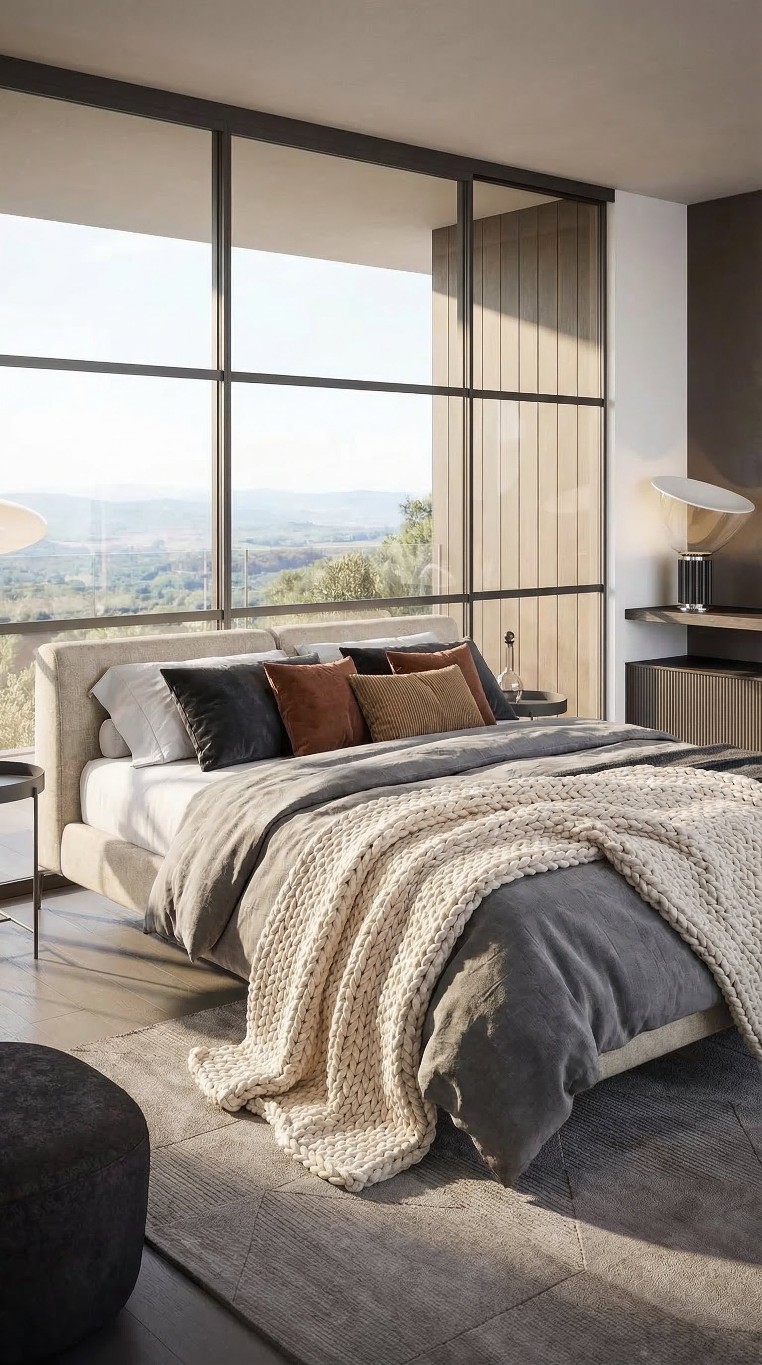 Gem&uuml;tliches, &uuml;ppig geschichtetes Bett mit Samtkissen und Strickdecke