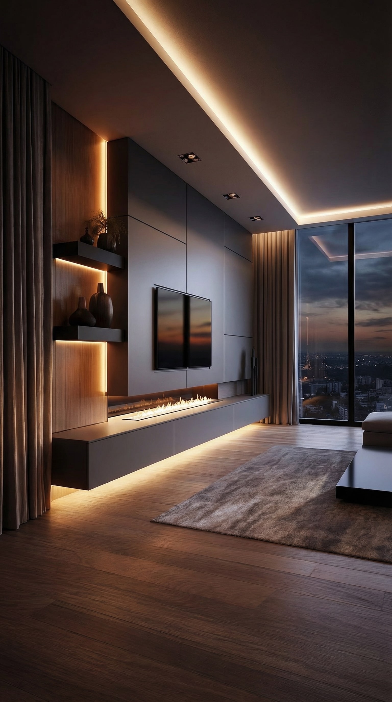 Luxuriöse Livitalia Wohnwand C102 mit integrierter, indirekter LED-Beleuchtung in einem modernen Wohnzimmer Luxuriöse Livitalia Wohnwand C102 mit integrierter, indirekter LED-Beleuchtung in einem modernen Wohnzimmer