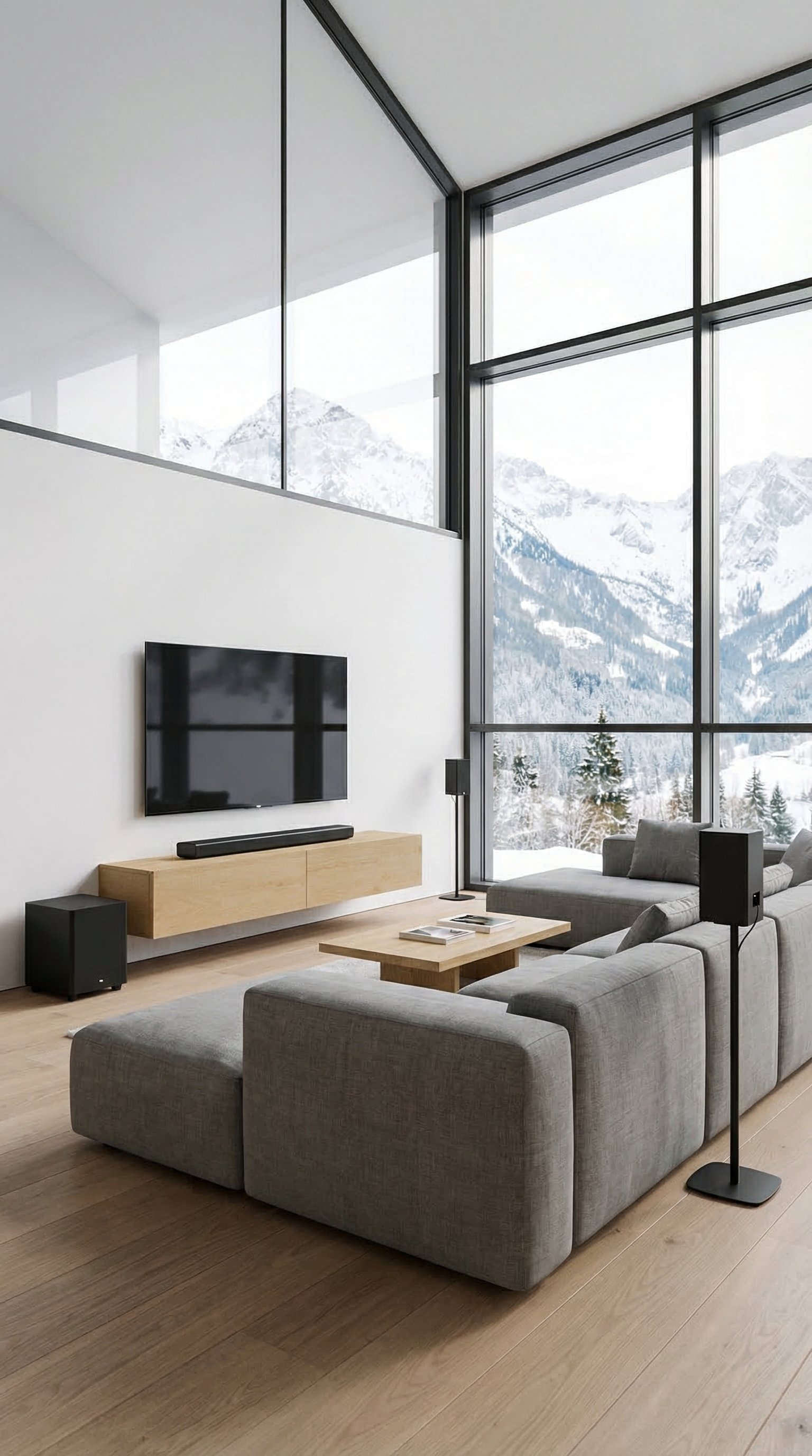Ein schwebendes TV-Lowboard aus echtem Eichenholz-Furnier vor einer wei&szlig;en Wand, kombiniert mit einem modernen Fernseher.