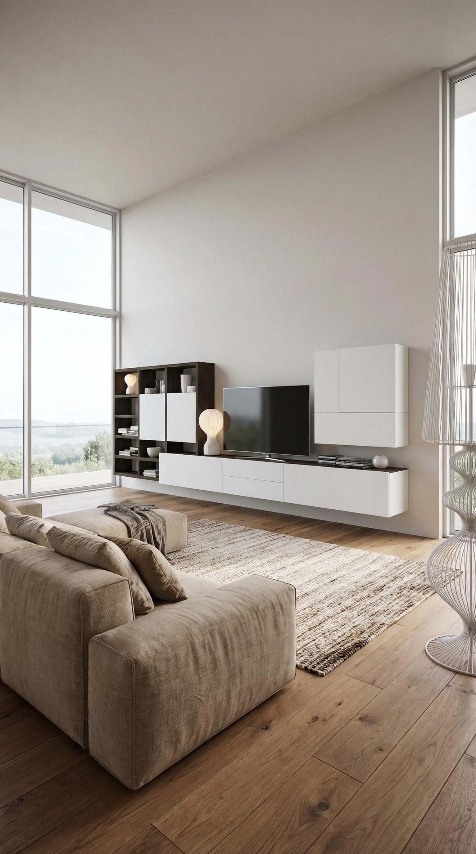 Kontrastreiche Livitalia Wohnwand C96B mit wei&szlig;en Lackfronten und dunklen Holzregalen in einem hellen Raum