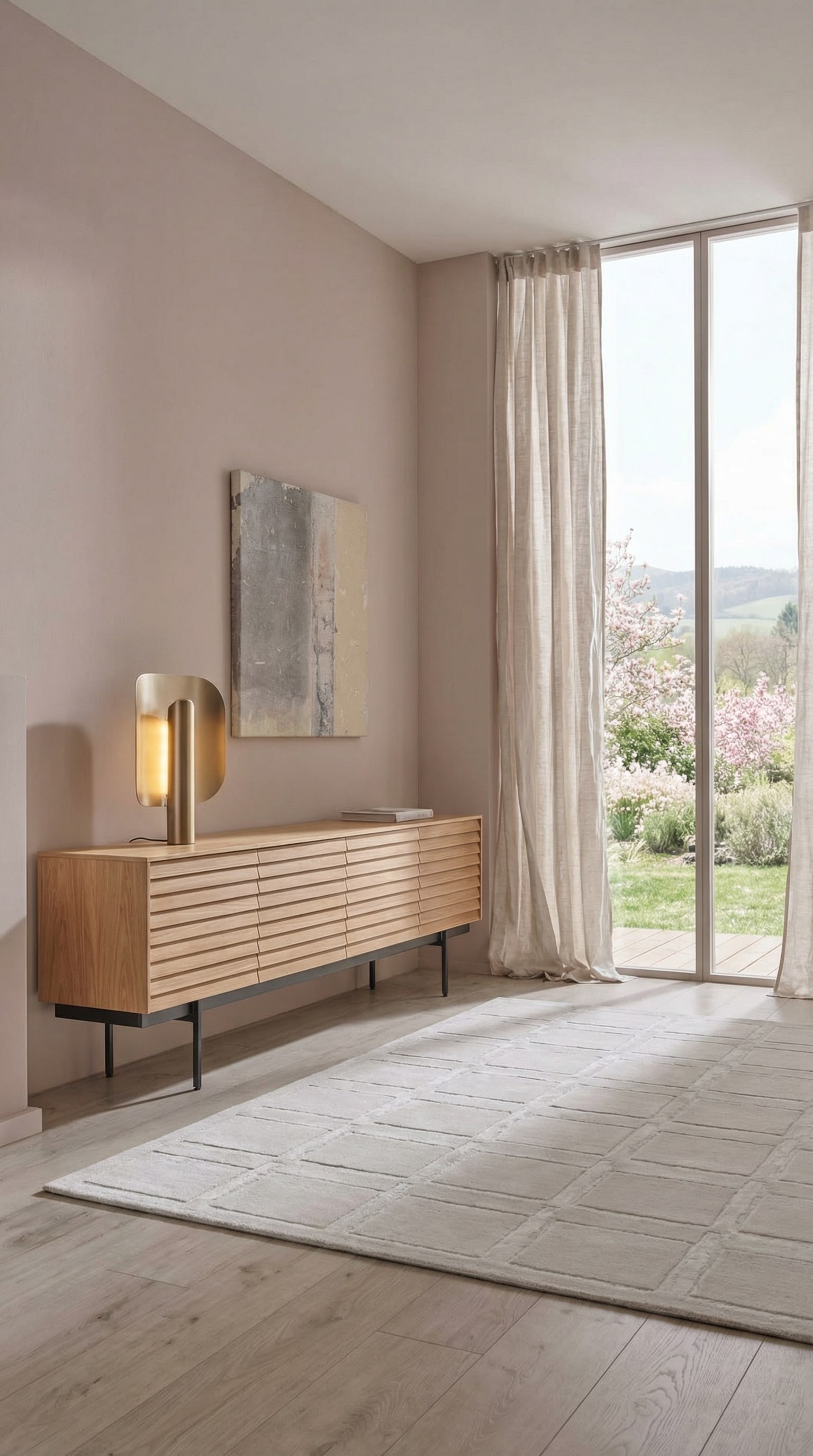 Helles Sideboard aus Holz mit Lamellenfronten vor einer puderfarbenen Wand