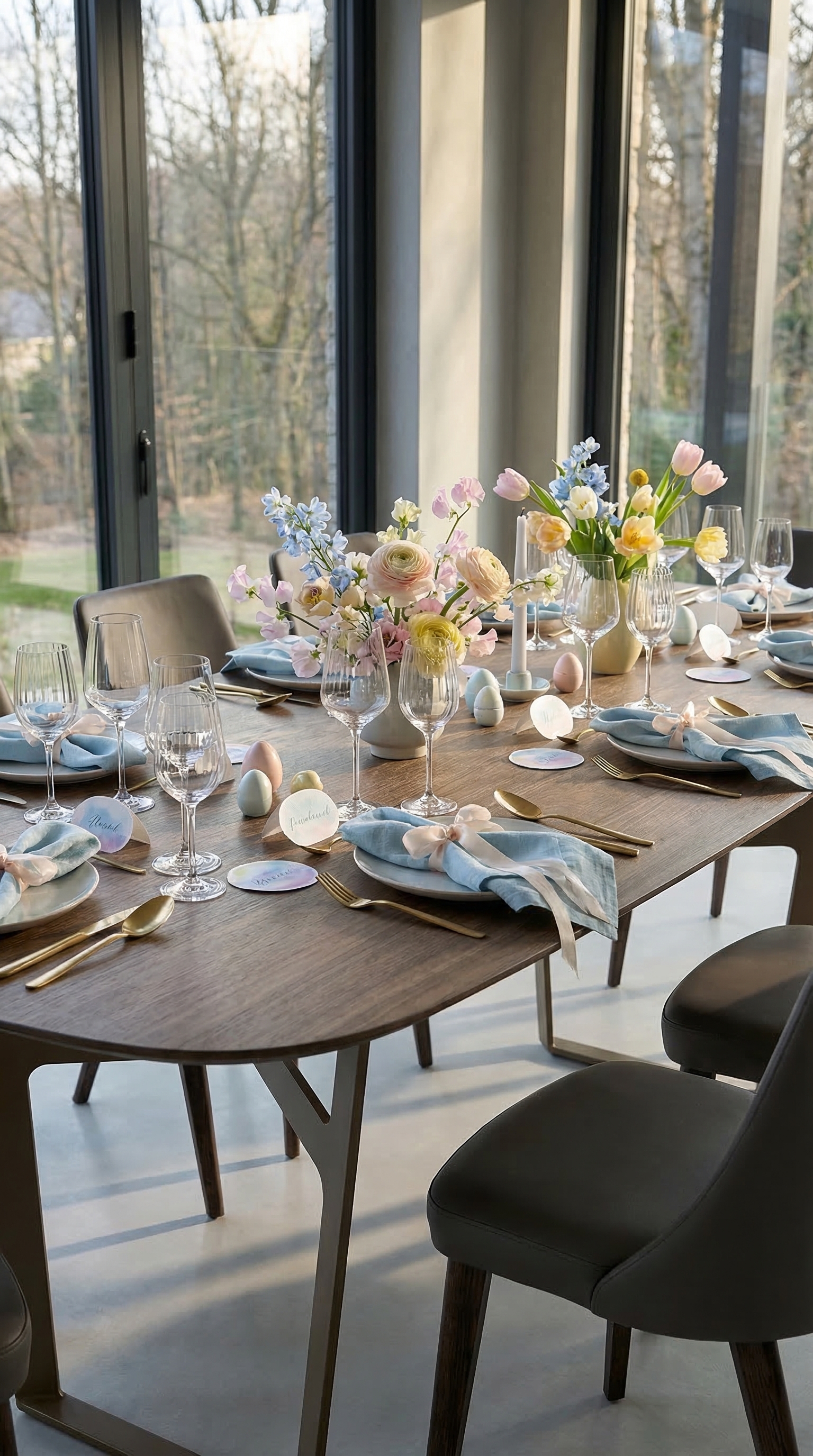 Ein elegant gedeckter Esstisch für ein Frühlings-Dinner mit Freunden, Eisblau und goldenes Besteck. Ein elegant gedeckter Esstisch für ein Frühlings-Dinner mit Freunden, Eisblau und goldenes Besteck.
