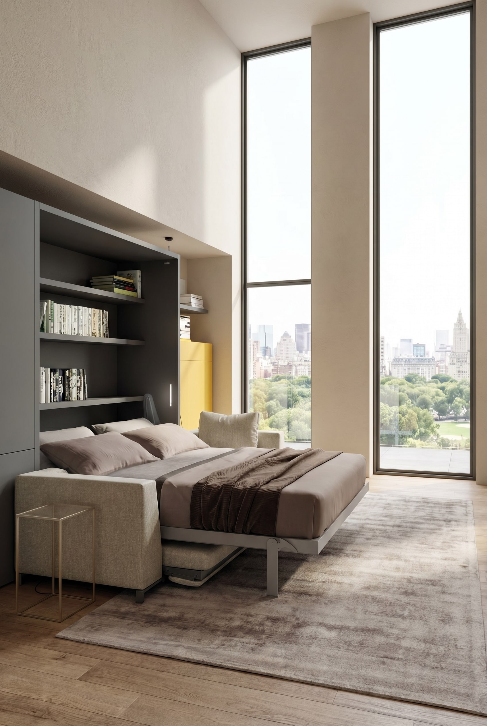 Ein modernes Wohnzimmer im Modern Italian Luxury Stil mit einem ausgeklappten Schrankbett und integriertem Sofa in hellen Farbtönen. Ein modernes Wohnzimmer im Modern Italian Luxury Stil mit einem ausgeklappten Schrankbett und integriertem Sofa in hellen Farbtönen.