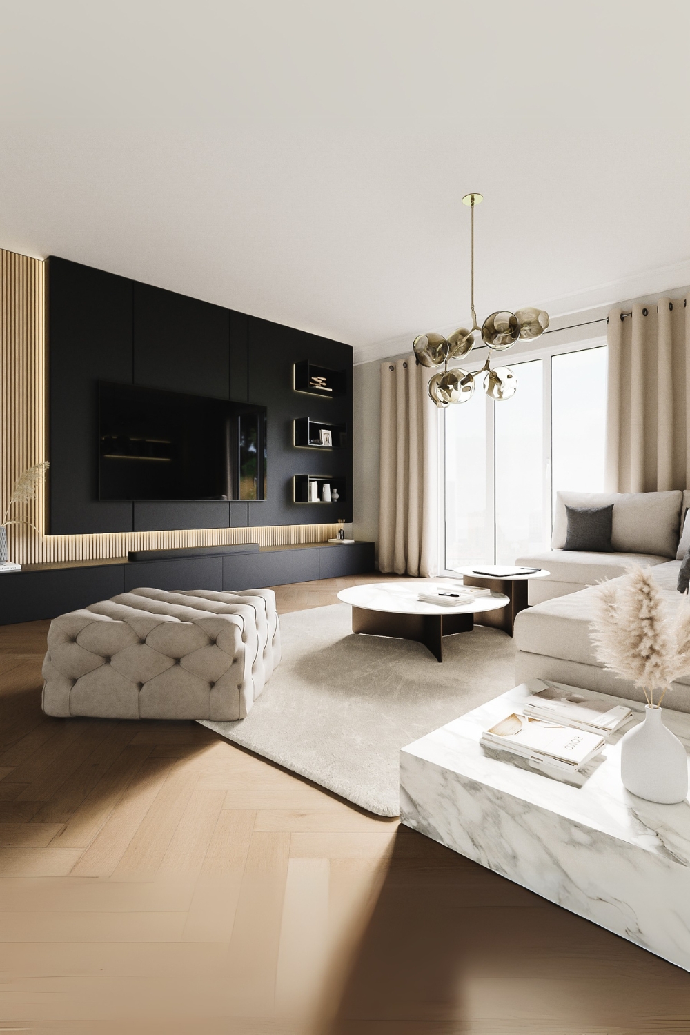 design-wohnzimmer-in-beige-und-grau-mit-sofa-hocker-couchtischen-und-wohnwand