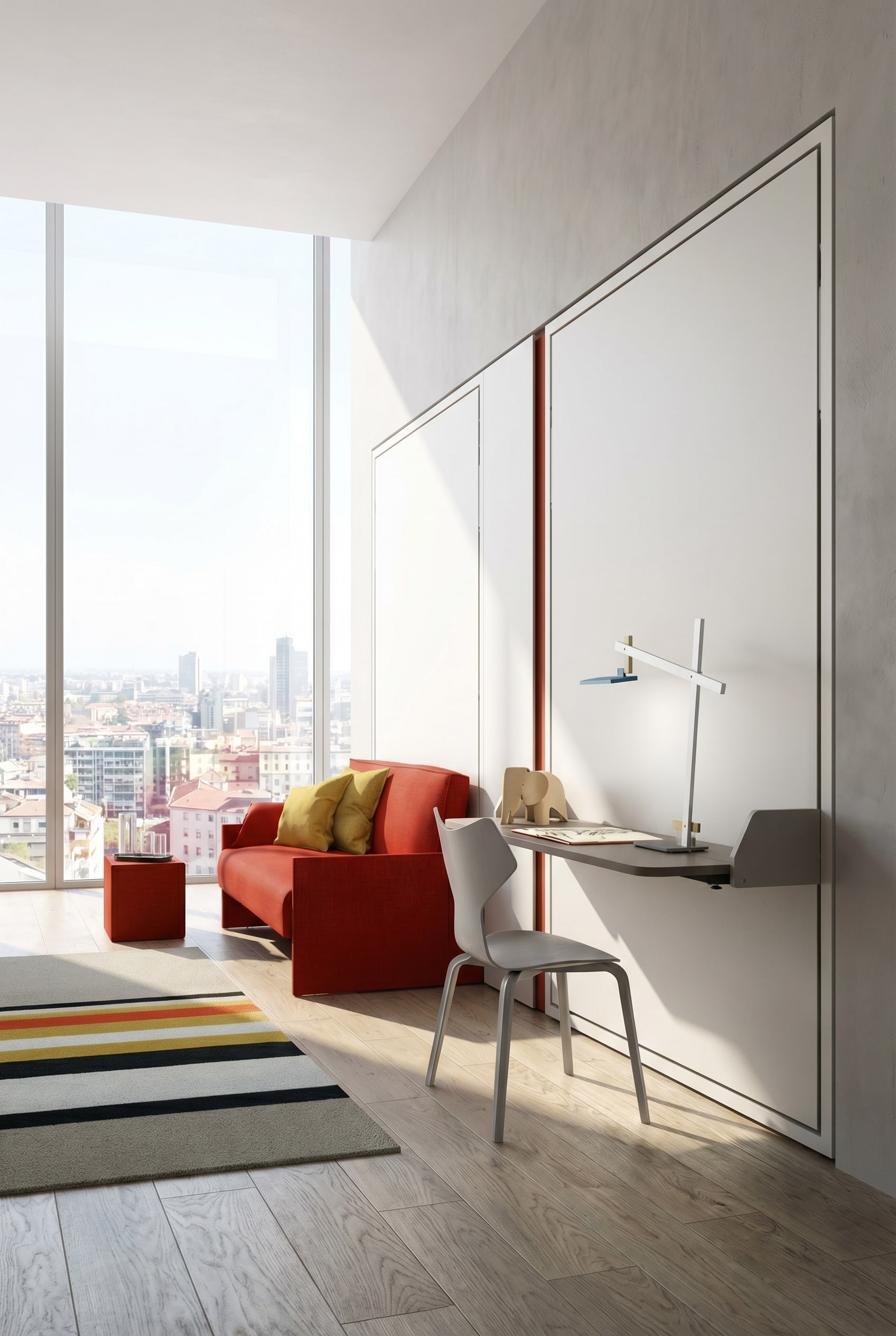 Ein aufgeräumtes Home-Office im luxuriösen Stil mit einem platzsparenden, hochgeklappten Einzelbett an der Wand. Ein aufgeräumtes Home-Office im luxuriösen Stil mit einem platzsparenden, hochgeklappten Einzelbett an der Wand.