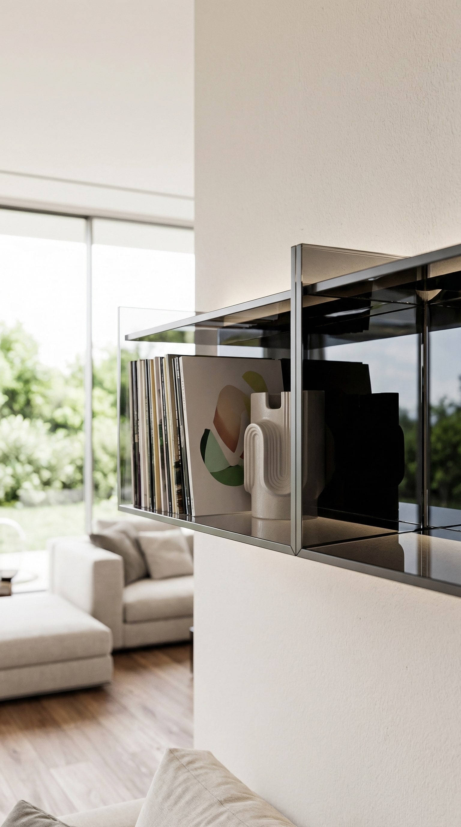 Elegantes Wandregal aus Glas im sonnendurchfluteten Wohnzimmer Elegantes Wandregal aus Glas im sonnendurchfluteten Wohnzimmer