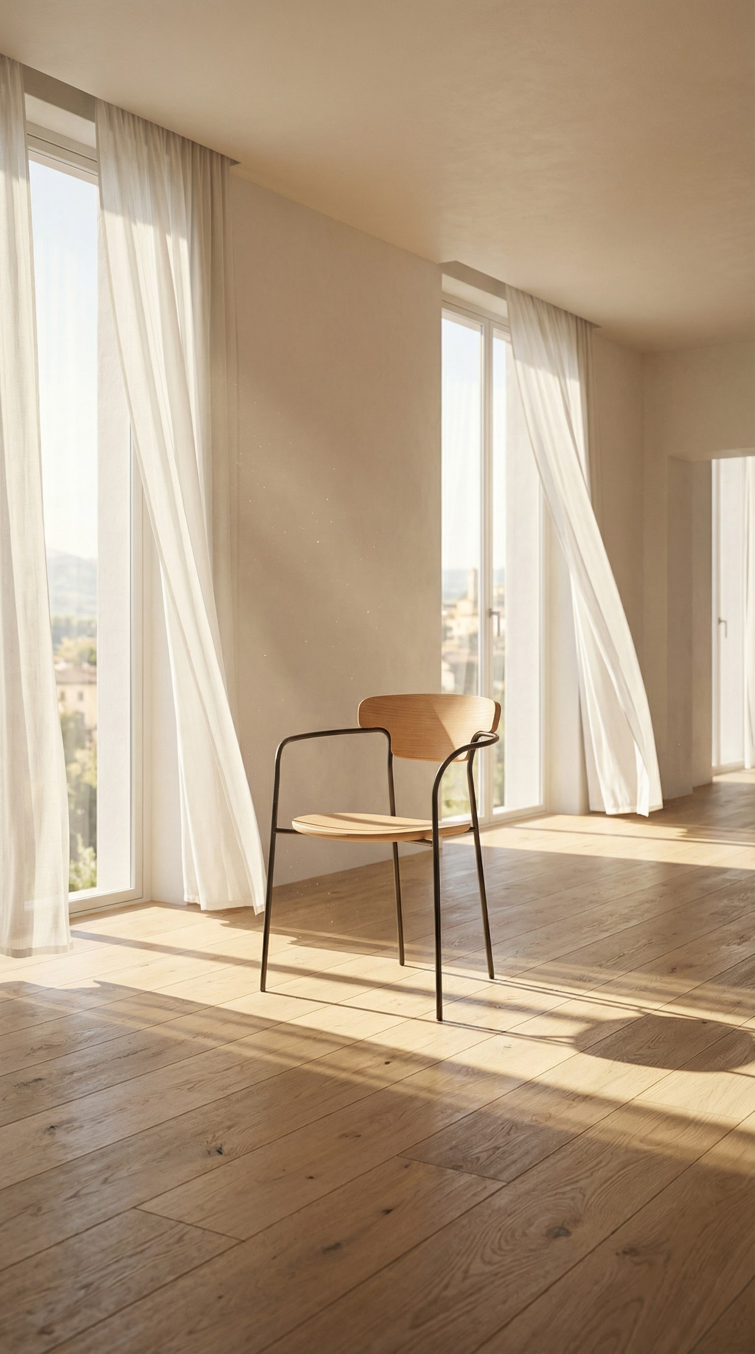 Moderner Holzstuhl mit filigranem schwarzem Metallgestell und heller Holzsitzfl&auml;che im Sonnenlicht