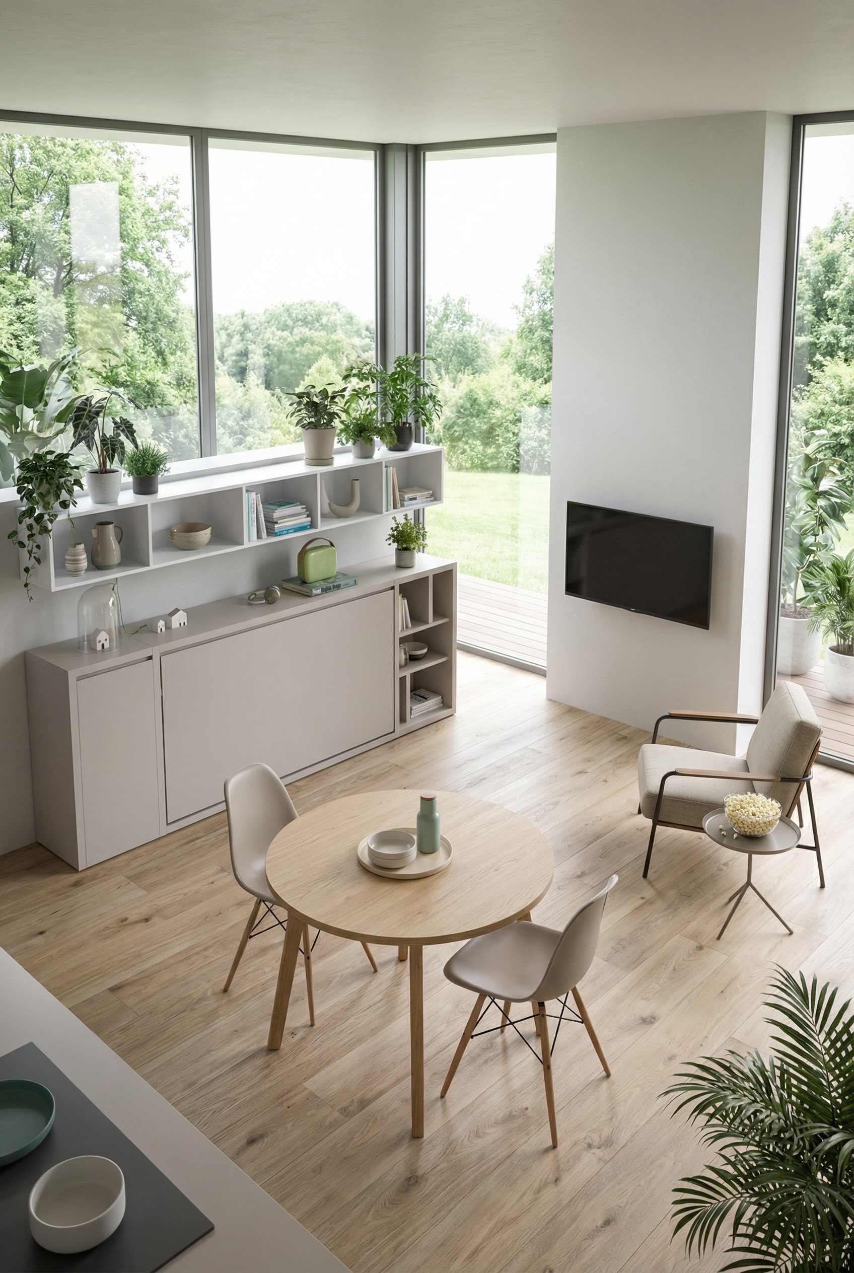 Horizontal öffnendes Schrankbett in einer minimalistisch eingerichteten Einzimmerwohnung Horizontal öffnendes Schrankbett in einer minimalistisch eingerichteten Einzimmerwohnung