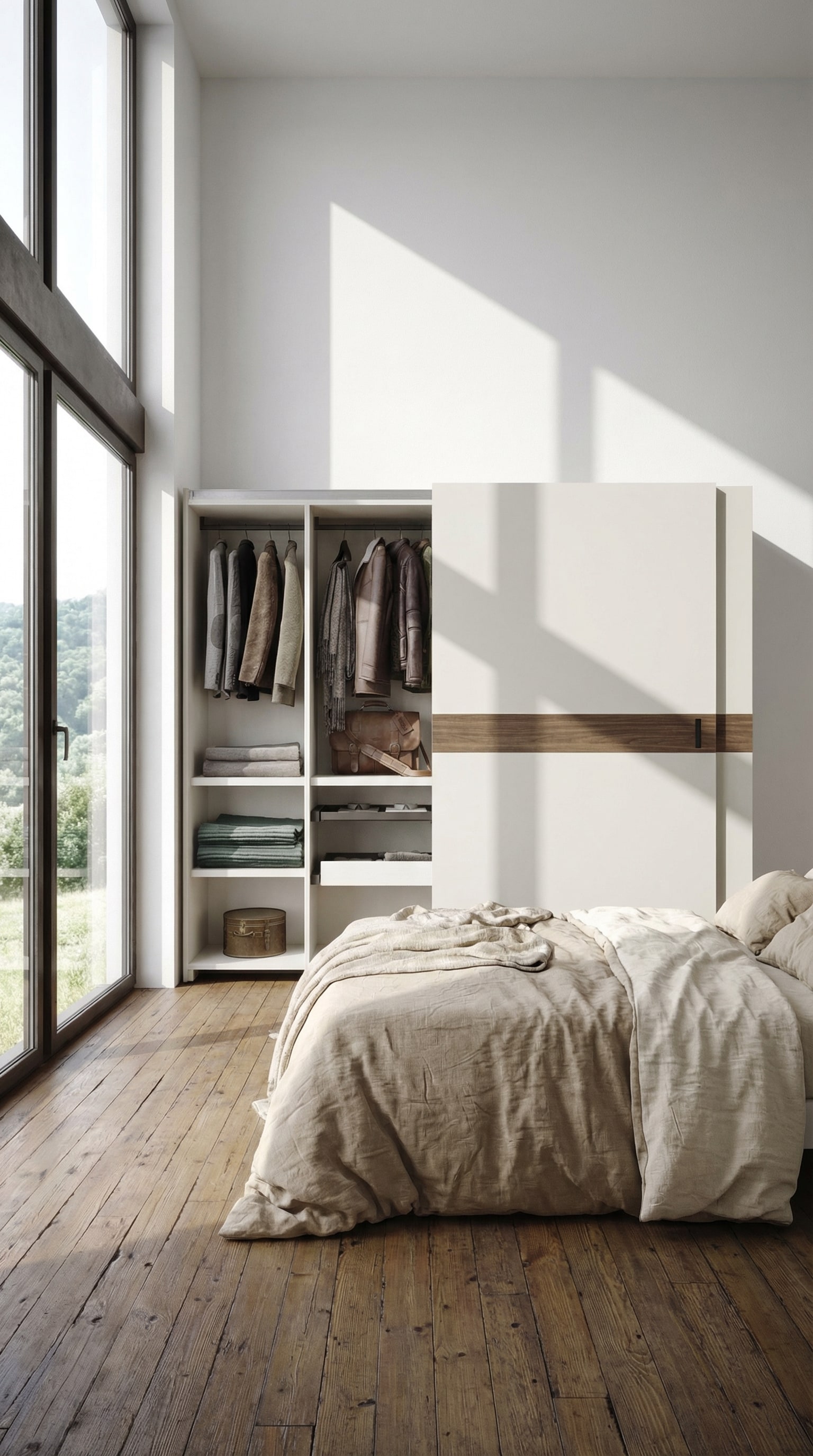 Ein flächenbündiger Schiebetürenschrank in einem Schlafzimmer, der eng an das Bett grenzt. Ein flächenbündiger Schiebetürenschrank in einem Schlafzimmer, der eng an das Bett grenzt.
