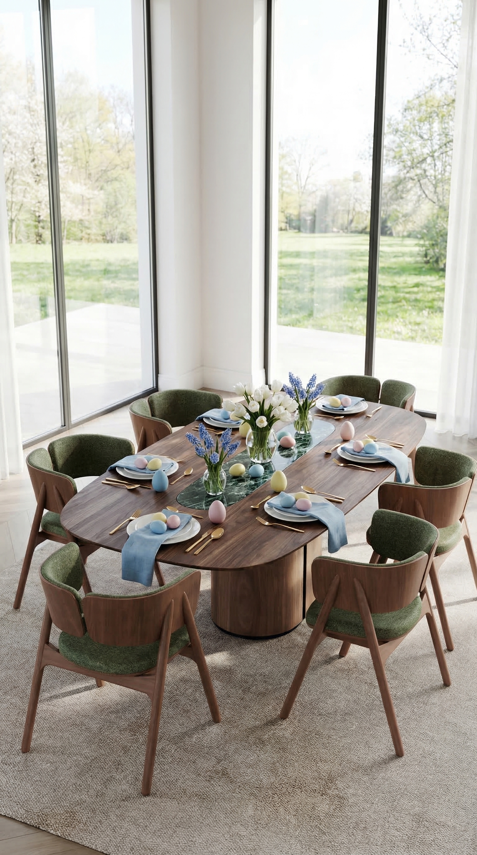 Ein stilvoll gedeckter Esstisch aus dunklem Nussbaumholz mit oesterlicher Dekoration in sanften Pastellfarben, hellem Porzellan und frischen Fruehlingsblumen. Ein stilvoll gedeckter Esstisch aus dunklem Nussbaumholz mit oesterlicher Dekoration in sanften Pastellfarben, hellem Porzellan und frischen Fruehlingsblumen.