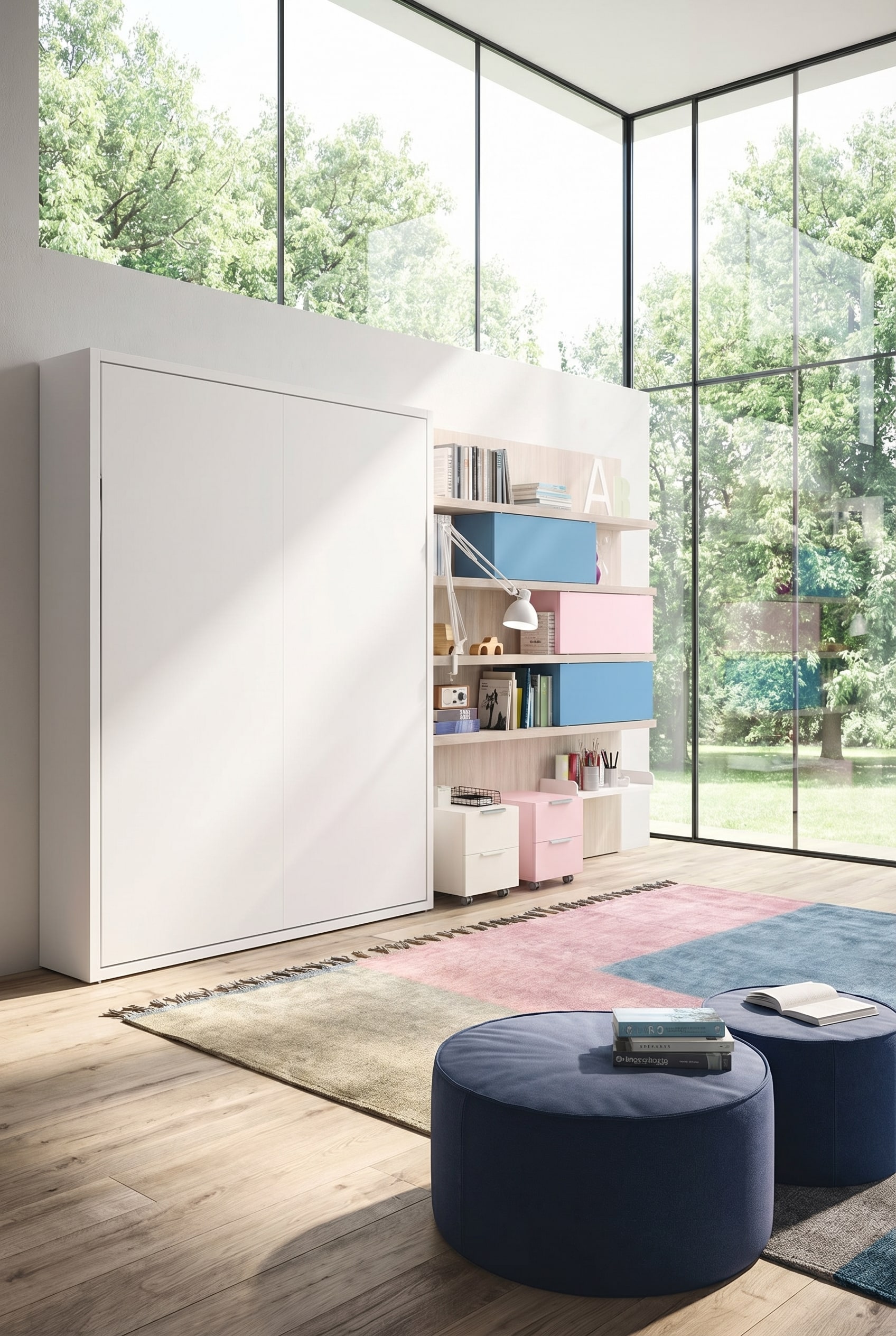Ein helles Kinderzimmer mit einem platzsparenden, eingeklappten Etagen-Schrankbett, großen Fenstern und viel freier Spielfläche. Ein helles Kinderzimmer mit einem platzsparenden, eingeklappten Etagen-Schrankbett, großen Fenstern und viel freier Spielfläche.